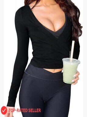 Long Sleeve Wrap Top Self Tie Slim Fit Ballet Yoga Dance Tops Y2k